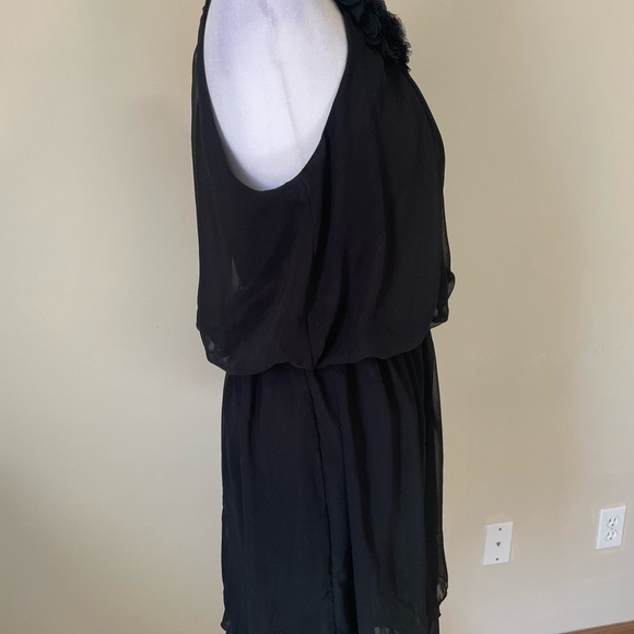 Ya Los Angeles little black dress Sz Small Silk blend sheer layers ruffle neck - Picture 3 of 8